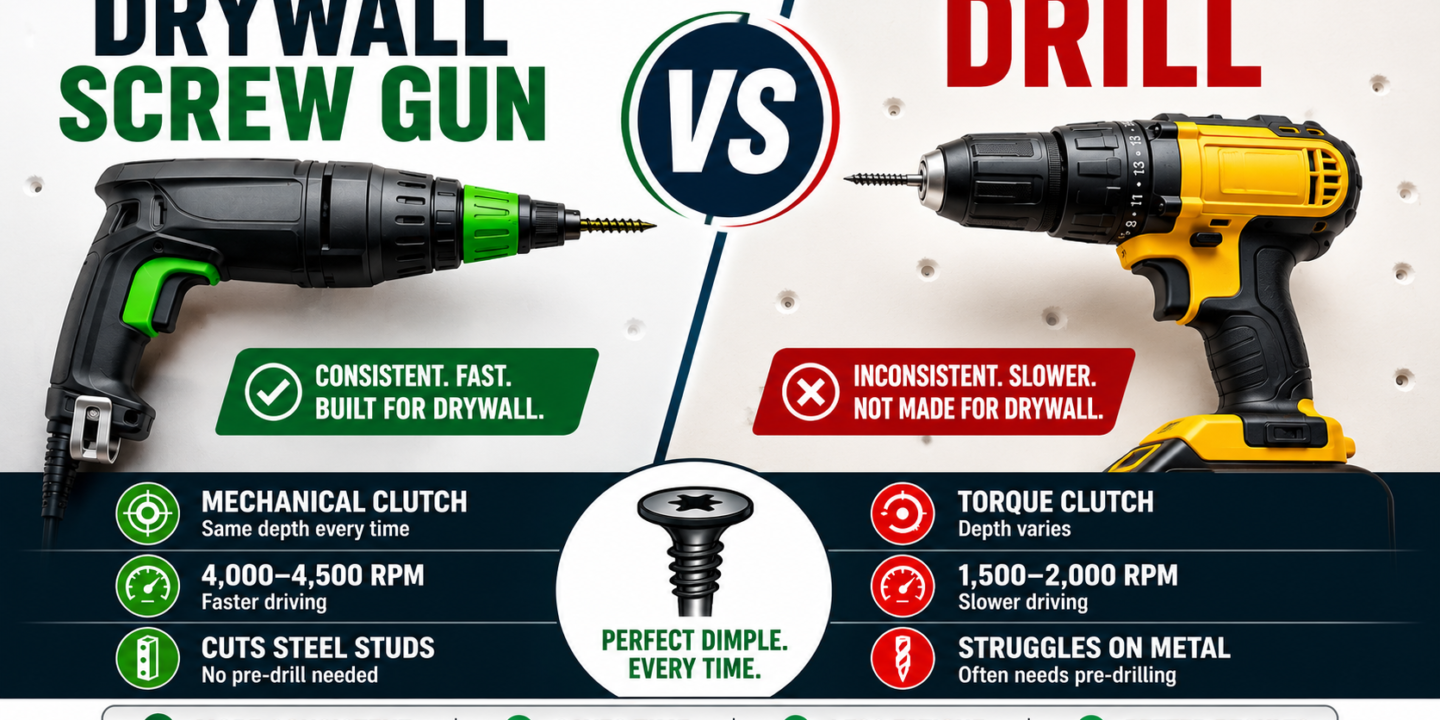 A side-by-side comparison infographic of a Drywall Screw Gun vs. a Standard Drill. It highlights the benefits of a screw gun, including its mechanical clutch for consistent depth, 4,000-4,500 RPM speed, and ability to cut steel studs, versus the standard drill’s torque clutch and 1,500-2,000 RPM. Central text reads: Perfect Dimple Every Time.