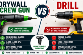 A side-by-side comparison infographic of a Drywall Screw Gun vs. a Standard Drill. It highlights the benefits of a screw gun, including its mechanical clutch for consistent depth, 4,000-4,500 RPM speed, and ability to cut steel studs, versus the standard drill’s torque clutch and 1,500-2,000 RPM. Central text reads: Perfect Dimple Every Time.