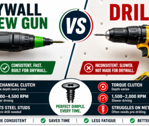 A side-by-side comparison infographic of a Drywall Screw Gun vs. a Standard Drill. It highlights the benefits of a screw gun, including its mechanical clutch for consistent depth, 4,000-4,500 RPM speed, and ability to cut steel studs, versus the standard drill’s torque clutch and 1,500-2,000 RPM. Central text reads: Perfect Dimple Every Time.