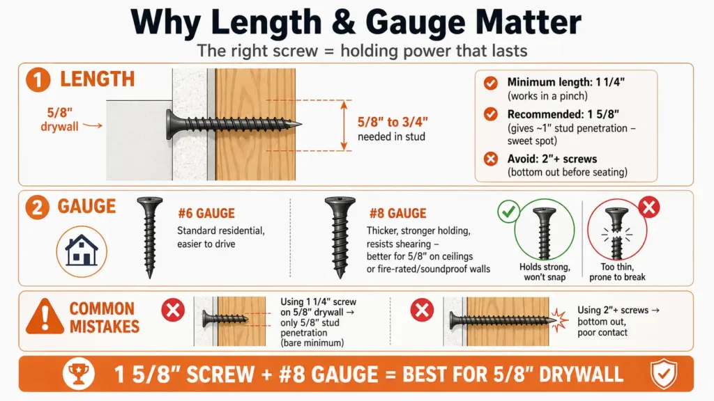 Infographic explaining drywall screw length and gauge for 5/8" drywall. Length section shows 5/8" drywall with stud penetration: 1 1/4" minimum, 1 5/8" recommended (gives 1" stud penetration). Avoid 2" screws. Gauge section compares #6 (standard residential) vs #8 (thicker, stronger, better for ceilings and fire-rated walls). Bottom lists common mistakes.