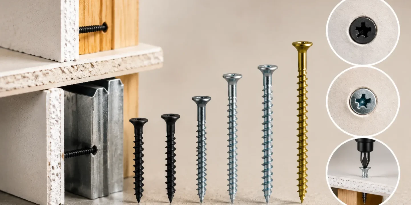 A comprehensive guide to drywall screws showing various sizes and colors for wood and metal studs, including close-ups of Phillips head drives and a screw being driven into drywall