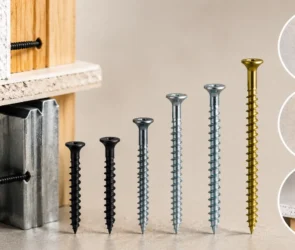 A comprehensive guide to drywall screws showing various sizes and colors for wood and metal studs, including close-ups of Phillips head drives and a screw being driven into drywall