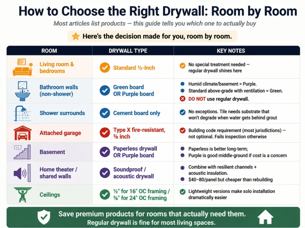 Room‑by‑room drywall selection guide. Living rooms/bedrooms: standard ½‑inch. Bathroom walls (non‑shower): green board (standard ventilation) or purple board (humid climate/basement) — never regular drywall. Shower surrounds: cement board only — no exceptions. Attached garage: Type X ⅝‑inch fire‑resistant — building code required. Basement: paperless (best long‑term) or purple board (good middle‑ground). Home theater/shared walls: soundproof acoustic drywall + resilient channels + insulation. Ceilings: ½" for 16" OC framing, ⅝" for 24" OC framing — lightweight versions help solo DIYers.