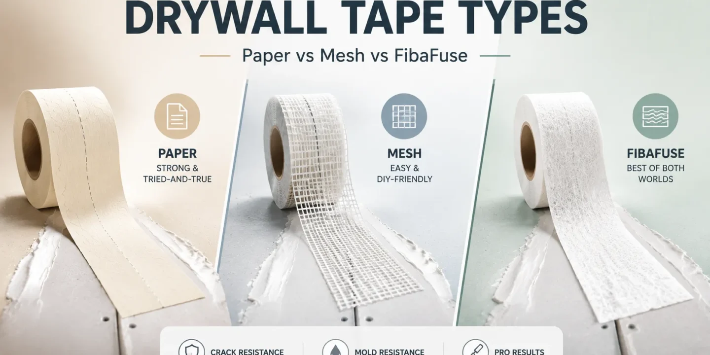 A technical infographic titled "Drywall Tape Types" comparing traditional Paper tape, self-adhesive Mesh tape, and FibaFuse glass mat tape, highlighting their crack resistance, mold resistance, and finishing results.