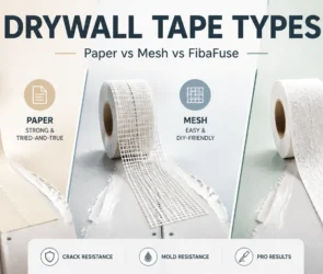 A technical infographic titled "Drywall Tape Types" comparing traditional Paper tape, self-adhesive Mesh tape, and FibaFuse glass mat tape, highlighting their crack resistance, mold resistance, and finishing results.