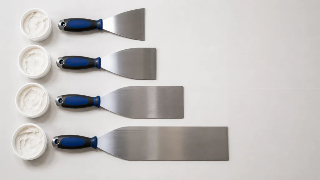 A complete set of professional drywall taping knives in 4-inch, 6-inch, 10-inch, and 12-inch sizes, used sequentially for embedding tape, filling joints, and feathering out final coats of mud.