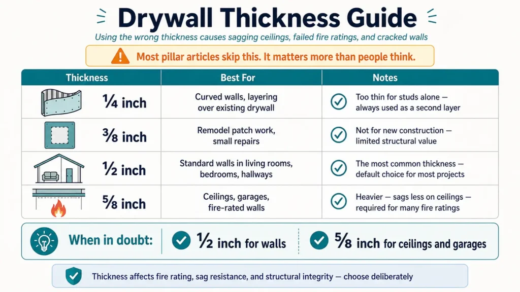 Drywall thickness reference table comparing 1/4 inch (curved walls, layering — too thin for studs alone), 3/8 inch (remodel patches — not for new construction), 1/2 inch (standard walls in living rooms, bedrooms, hallways — most common default), and 5/8 inch (ceilings, garages, fire‑rated walls — heavier, less sag, required for many fire ratings). Quick rule: 1/2 inch for walls, 5/8 inch for ceilings and garages.