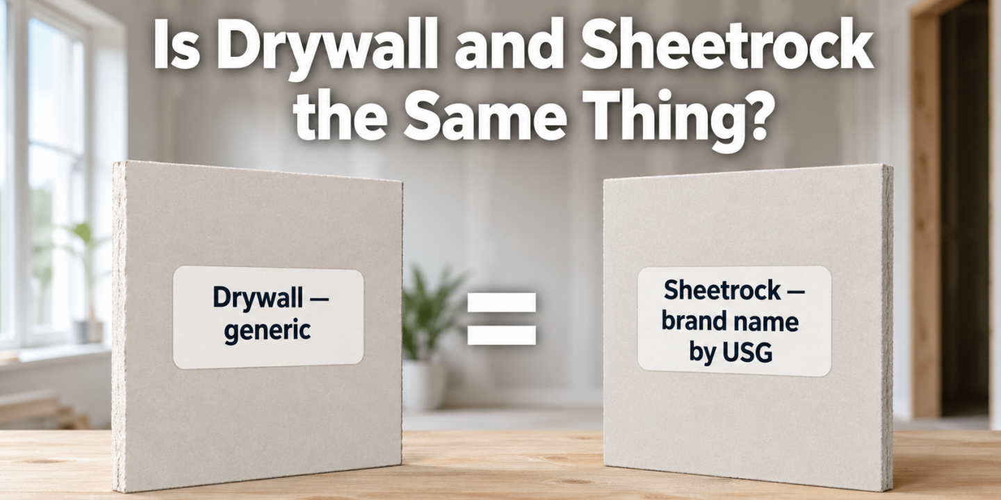 Introductory infographic explaining what drywall is: gypsum plaster between two paper sheets, used for interior walls and ceilings. Alternative names: wallboard, plasterboard, gypsum board. Shows four common types: regular (living rooms), moisture‑resistant green board (bathrooms/kitchens), fire‑resistant (garages/utility rooms), and soundproof (between rooms). Bottom note clarifies Sheetrock is a brand name.