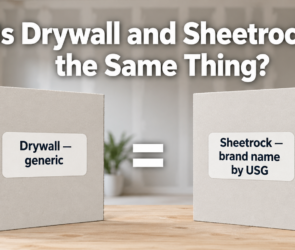 Introductory infographic explaining what drywall is: gypsum plaster between two paper sheets, used for interior walls and ceilings. Alternative names: wallboard, plasterboard, gypsum board. Shows four common types: regular (living rooms), moisture‑resistant green board (bathrooms/kitchens), fire‑resistant (garages/utility rooms), and soundproof (between rooms). Bottom note clarifies Sheetrock is a brand name.