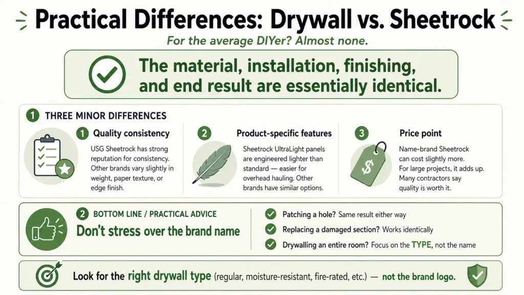 Infographic explaining practical differences between drywall and Sheetrock. Main message: for average DIYers, there are almost no meaningful differences — material, installation, finishing, and results are identical. Three minor differences noted: quality consistency (USG has strong reputation), product features (UltraLight panels are lighter), and price point (Sheetrock can cost slightly more). Bottom advice: don't stress over brand name — focus on the right drywall type for your application.