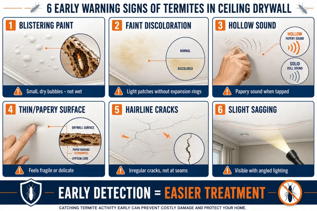 Infographic listing 6 early warning signs of termites in ceiling drywall: 1 blistering paint, 2 faint discoloration, 3 hollow papery sound, 4 thin fragile drywall surface, 5 hairline cracks (not at seams), 6 slight sagging visible with angled lighting. Early detection leads to easier treatment.