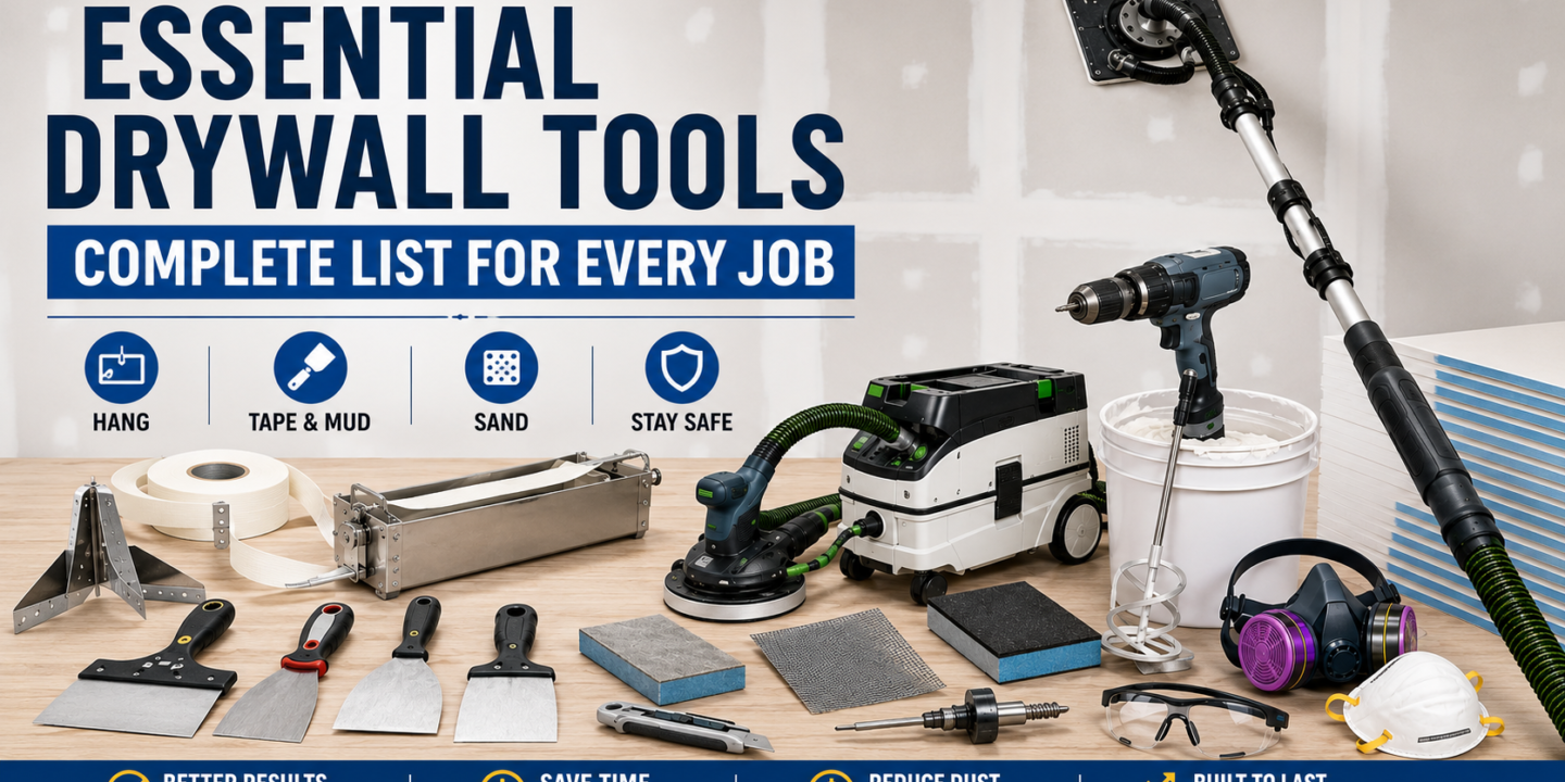 Infographic titled Drywall Safety and Accessory Tools featuring respiratory protection like N95 and P100 respirators, wrap-around safety glasses, knee pads, stilts, and shop vacuums with fine-dust filters. Includes warnings about crystalline silica in joint compound