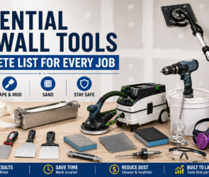 Infographic titled Drywall Safety and Accessory Tools featuring respiratory protection like N95 and P100 respirators, wrap-around safety glasses, knee pads, stilts, and shop vacuums with fine-dust filters. Includes warnings about crystalline silica in joint compound