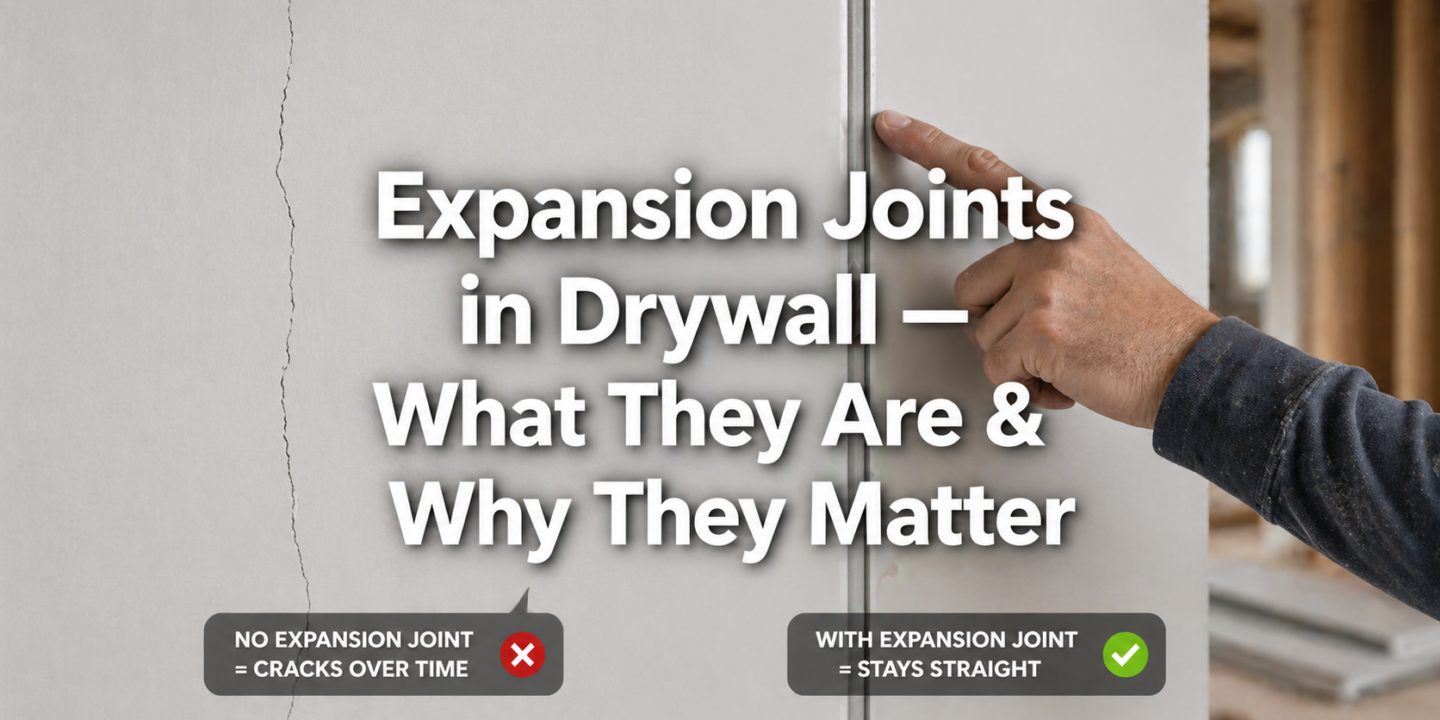 Featured image comparing drywall without an expansion joint (which cracks over time) versus drywall with an expansion joint (which stays straight)