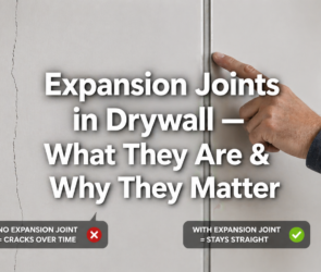 Featured image comparing drywall without an expansion joint (which cracks over time) versus drywall with an expansion joint (which stays straight)