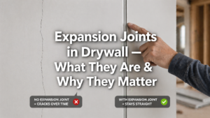 Featured image comparing drywall without an expansion joint (which cracks over time) versus drywall with an expansion joint (which stays straight)