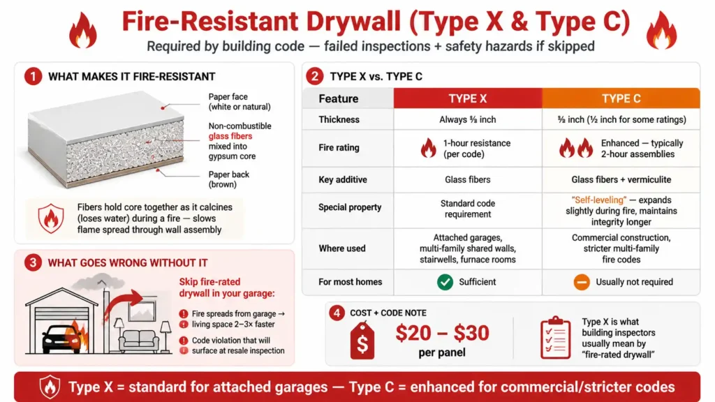 Infographic comparing fire‑resistant drywall Type X vs Type C. Both contain glass fibers in gypsum core that hold together during fire (calcination), slowing flame spread. Type X: ⅝ inch, 1‑hour fire rating, used in attached garages, multi‑family shared walls, stairwells, furnace rooms — standard code requirement. Type C: ⅝ inch (some ½ inch), 2‑hour rating, contains vermiculite for "self‑leveling" (expands in fire), used in commercial/stricter multi‑family projects. Without it: garage fire spreads 2‑3× faster to living space + code violation at resale. Cost: $20–$30 per panel.