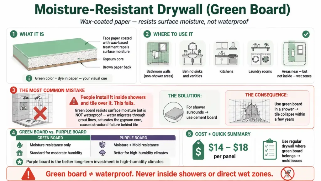 Infographic for moisture‑resistant drywall (green board). Wax‑coated face paper repels surface moisture — green color is visual cue. Where to use: bathroom walls (non‑shower), behind sinks/vanities, kitchens, laundry rooms, areas near wet zones. CRITICAL WARNING: Do NOT use inside showers — green board is not waterproof. Water migrates through grout, saturates core, causes tile collapse within years. Shower surrounds need cement board. Green vs Purple: green handles moisture only; purple handles moisture AND mold — better for high‑humidity climates. Cost: $14–$18 per panel.