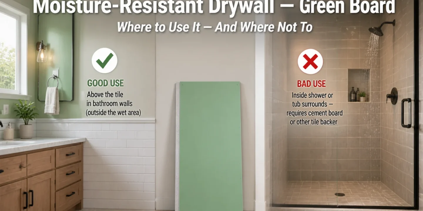 Green board moisture-resistant drywall guide — good for bathroom walls above tile outside wet areas, but not for inside shower or tub surrounds which require cement board or tile backer