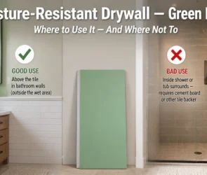 Green board moisture-resistant drywall guide — good for bathroom walls above tile outside wet areas, but not for inside shower or tub surrounds which require cement board or tile backer