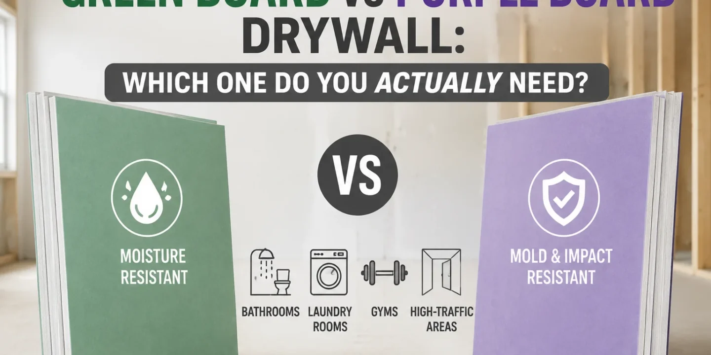 A comparison of Green Board vs. Purple Board drywall, highlighting Green Board for moisture resistance and Purple Board for mold and impact resistance in high-traffic areas, gyms, and laundry rooms