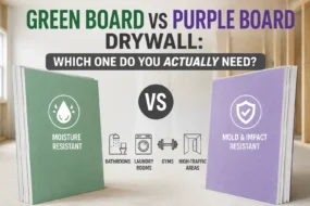 A comparison of Green Board vs. Purple Board drywall, highlighting Green Board for moisture resistance and Purple Board for mold and impact resistance in high-traffic areas, gyms, and laundry rooms