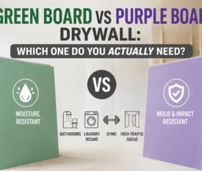 A comparison of Green Board vs. Purple Board drywall, highlighting Green Board for moisture resistance and Purple Board for mold and impact resistance in high-traffic areas, gyms, and laundry rooms