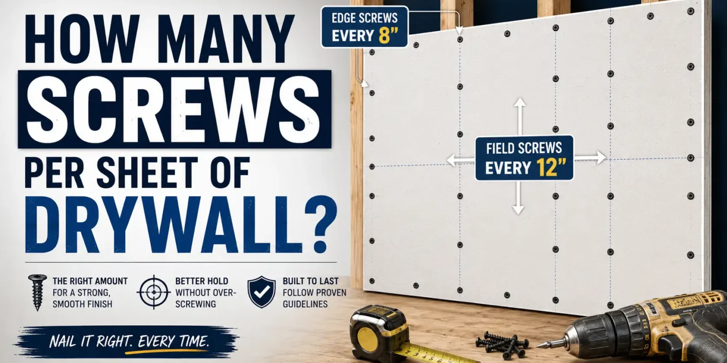 Infographic guide on how many screws per sheet of drywall, showing a installed drywall panel with edge screws spaced every 8 inches and field screws spaced every 12 inches alongside tools like a tape measure and drill.