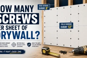Infographic guide on how many screws per sheet of drywall, showing a installed drywall panel with edge screws spaced every 8 inches and field screws spaced every 12 inches alongside tools like a tape measure and drill.