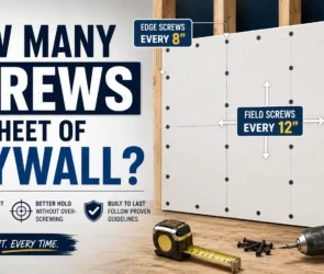 Infographic guide on how many screws per sheet of drywall, showing a installed drywall panel with edge screws spaced every 8 inches and field screws spaced every 12 inches alongside tools like a tape measure and drill.