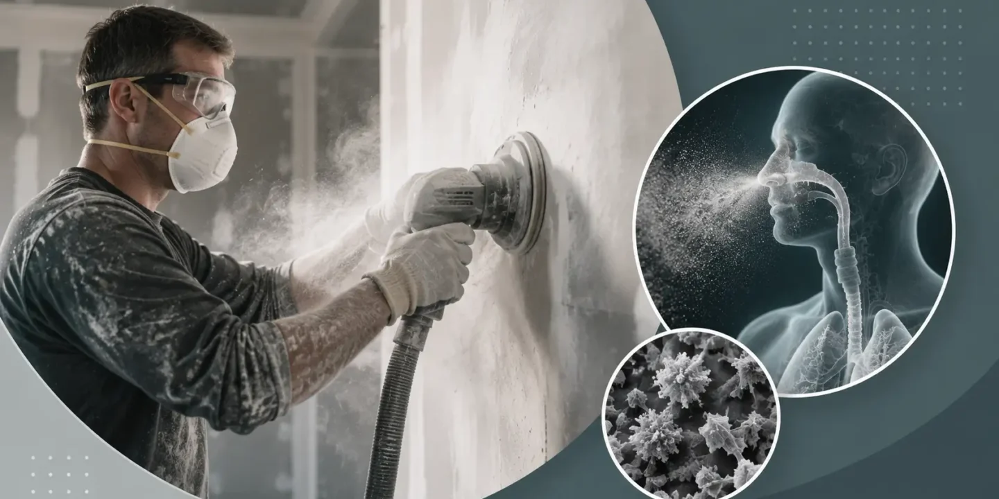 Blog featured image investigating how much exposure to drywall dust is dangerous, showing a worker in a respirator mask using an electric wall sander surrounded by thick airborne dust particles, with an anatomical inset highlighting dust inhalation into the lungs and respiratory system.
