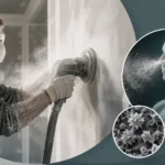 Blog featured image investigating how much exposure to drywall dust is dangerous, showing a worker in a respirator mask using an electric wall sander surrounded by thick airborne dust particles, with an anatomical inset highlighting dust inhalation into the lungs and respiratory system.