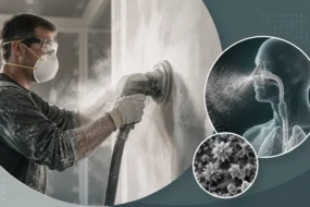 Blog featured image investigating how much exposure to drywall dust is dangerous, showing a worker in a respirator mask using an electric wall sander surrounded by thick airborne dust particles, with an anatomical inset highlighting dust inhalation into the lungs and respiratory system.