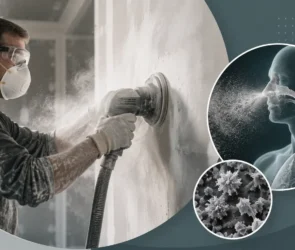 Blog featured image investigating how much exposure to drywall dust is dangerous, showing a worker in a respirator mask using an electric wall sander surrounded by thick airborne dust particles, with an anatomical inset highlighting dust inhalation into the lungs and respiratory system.