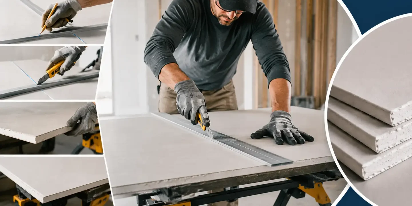 Blog featured image guide on how to cut drywall panels without breaking, showcasing a step-by-step infographic of a worker scoring a drywall sheet with a utility knife along a straight edge ruler on a workbench.
