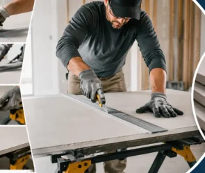 Blog featured image guide on how to cut drywall panels without breaking, showcasing a step-by-step infographic of a worker scoring a drywall sheet with a utility knife along a straight edge ruler on a workbench.