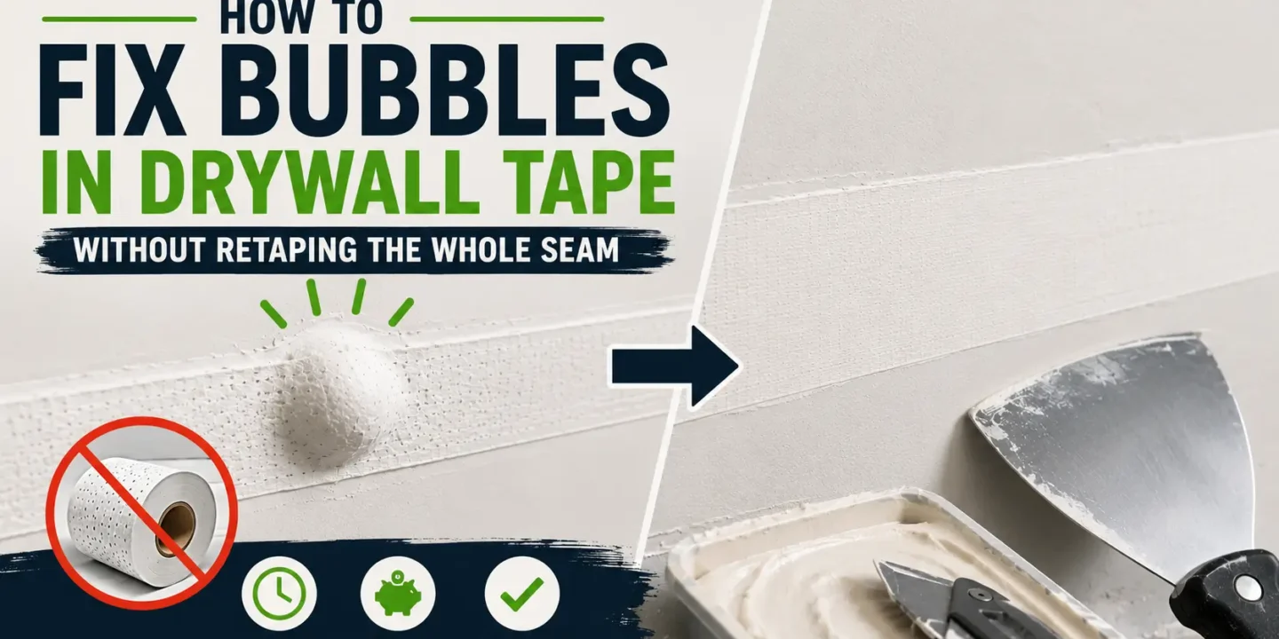 Infographic guide on how to fix bubbles in drywall tape, showing a before-and-after comparison of a blistered paper tape seam next to a repaired smooth seam with a taping knife, joint compound, and utility knife.