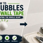 Infographic guide on how to fix bubbles in drywall tape, showing a before-and-after comparison of a blistered paper tape seam next to a repaired smooth seam with a taping knife, joint compound, and utility knife.