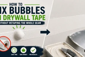 Infographic guide on how to fix bubbles in drywall tape, showing a before-and-after comparison of a blistered paper tape seam next to a repaired smooth seam with a taping knife, joint compound, and utility knife.