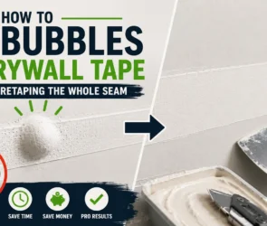Infographic guide on how to fix bubbles in drywall tape, showing a before-and-after comparison of a blistered paper tape seam next to a repaired smooth seam with a taping knife, joint compound, and utility knife.