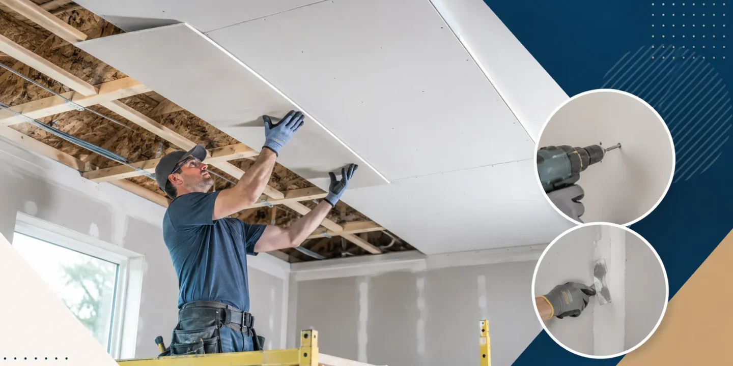 Worker installing drywall ceiling panels in a residential room using scaffold during ceiling drywall installation process