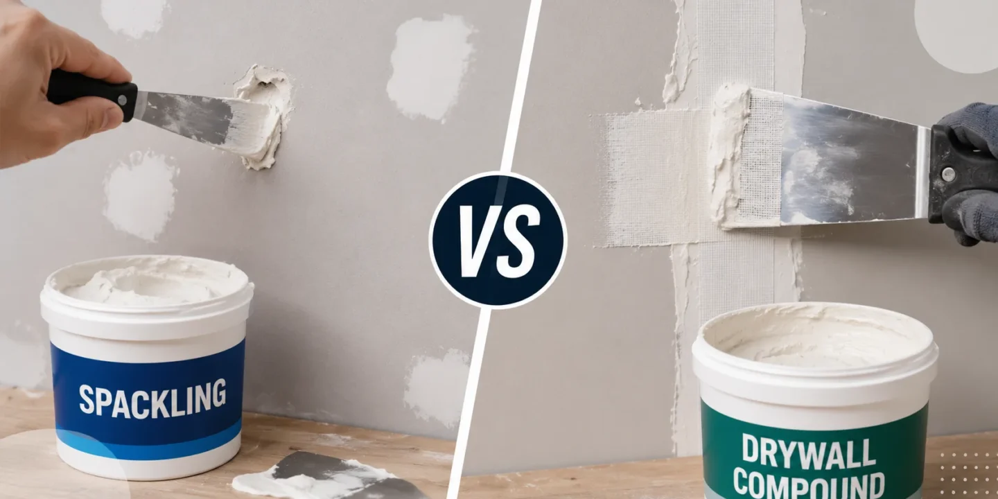 Blog featured image comparing spackling vs drywall compound, showing a side-by-side demonstration of a hand using a small putty knife to patch a hole with spackle next to a contractor taping a drywall joint with joint compound.
