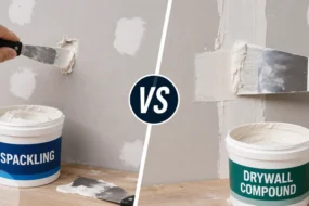 Blog featured image comparing spackling vs drywall compound, showing a side-by-side demonstration of a hand using a small putty knife to patch a hole with spackle next to a contractor taping a drywall joint with joint compound.