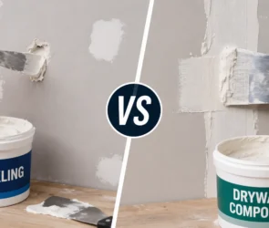 Blog featured image comparing spackling vs drywall compound, showing a side-by-side demonstration of a hand using a small putty knife to patch a hole with spackle next to a contractor taping a drywall joint with joint compound.