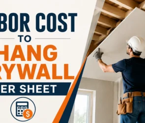 Comparison chart showing drywall installation labor cost per sheet for 4x8, 4x12, and 4x16 sheet sizes with square footage pricing reference of 1.75 dollars per square foot