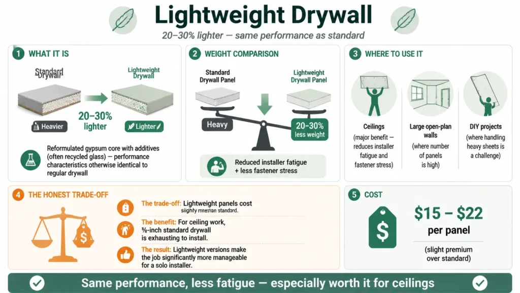 Infographic for lightweight drywall. Reformulated gypsum core with additives (often recycled glass) — 20–30% lighter than standard panels with identical performance. Weight reduction means less installer fatigue and fastener stress. Where to use: ceilings (major benefit for solo installers), large open‑plan walls (many panels), DIY projects (handling challenge). Honest trade‑off: costs slightly more than standard ($15‑$22 per panel). For ceiling work, ⅝" standard drywall is exhausting — lightweight versions make solo installation significantly more manageable. Bottom line: same performance, less fatigue.