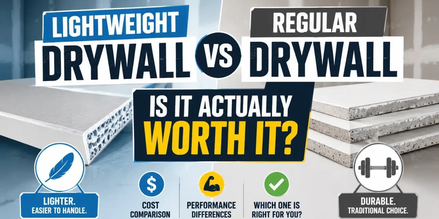 Infographic comparing lightweight drywall vs. regular drywall, highlighting cost comparisons, performance differences, and durability to help homeowners choose the right option.