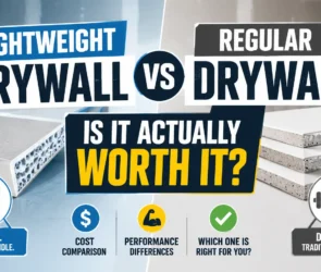 Infographic comparing lightweight drywall vs. regular drywall, highlighting cost comparisons, performance differences, and durability to help homeowners choose the right option.