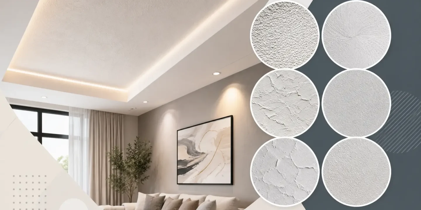 Blog featured image guide on modern drywall texture types, showcasing a contemporary living room with a tray ceiling alongside six circular closeup swatches of different wall and ceiling textures like knockdown, orange peel, and swirl patterns.
