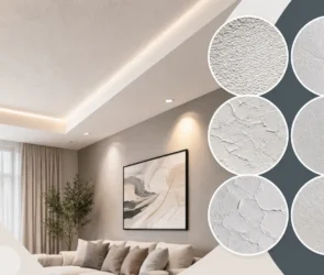 Blog featured image guide on modern drywall texture types, showcasing a contemporary living room with a tray ceiling alongside six circular closeup swatches of different wall and ceiling textures like knockdown, orange peel, and swirl patterns.